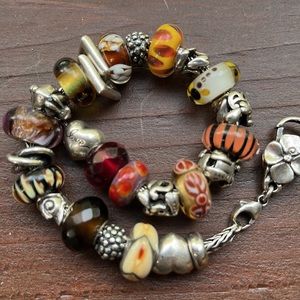 Trollbeads bracelet, clasp, Sterling, glass beads. some artisan beads, 2 Pandora